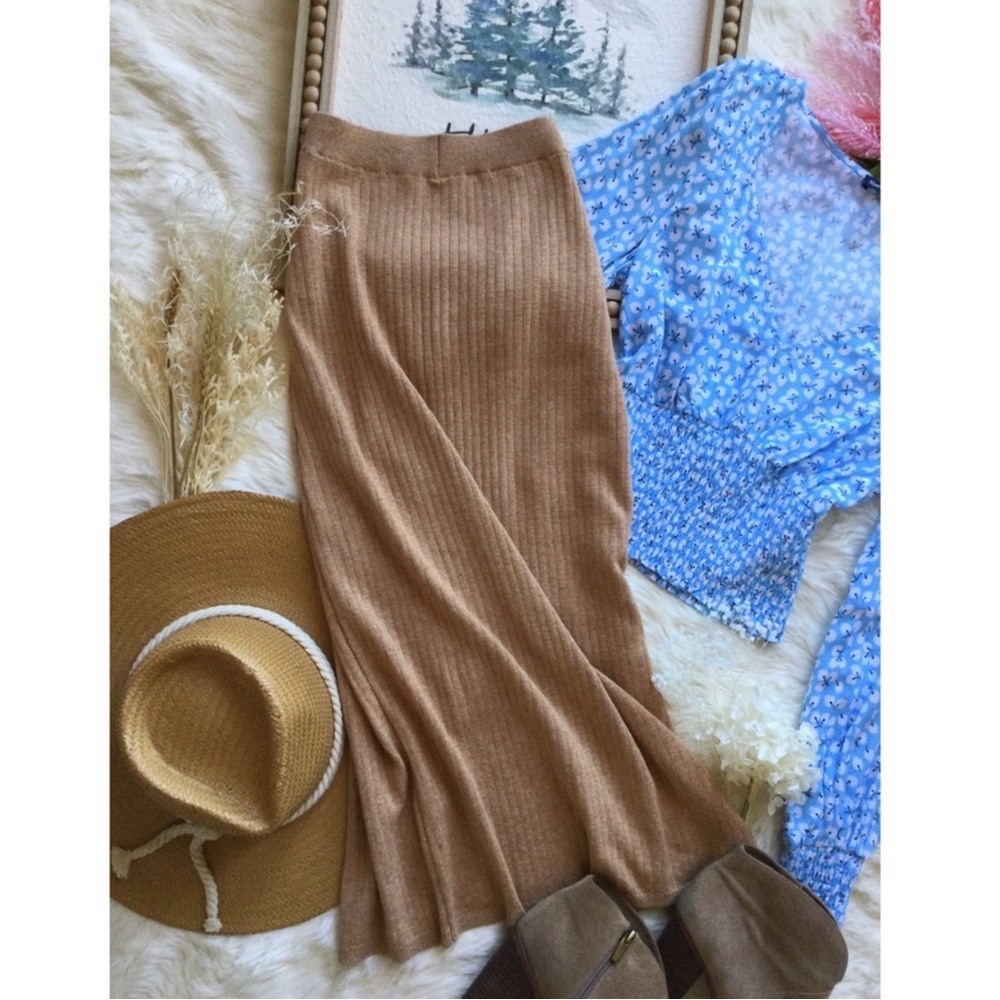 Free People XS Heathered Brown Ribbed Knit Slit Midi Skirt Western Boho Neutral - Picture 11 of 14